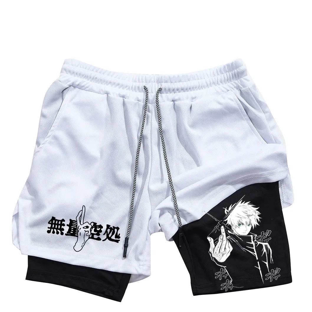 Pantalones cortos de compresión de Anime para hombre, ropa deportiva de verano, 2 en 1, entrenamiento, Fitness