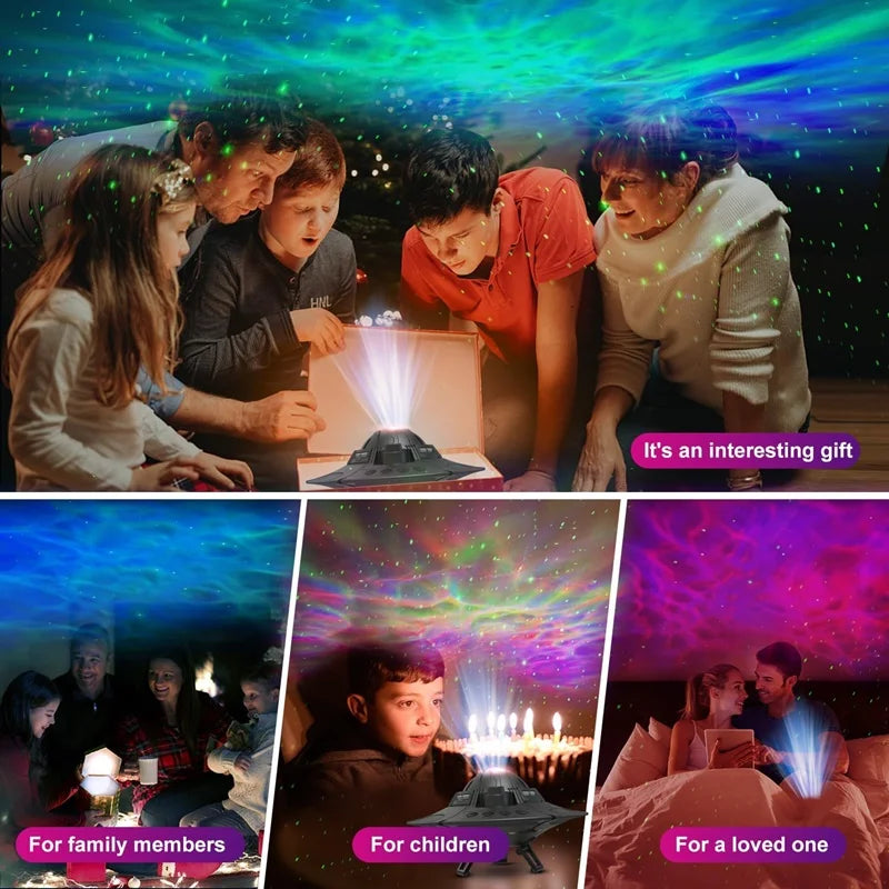 Proyector de galaxia con luz nocturna y cielo estrellado.