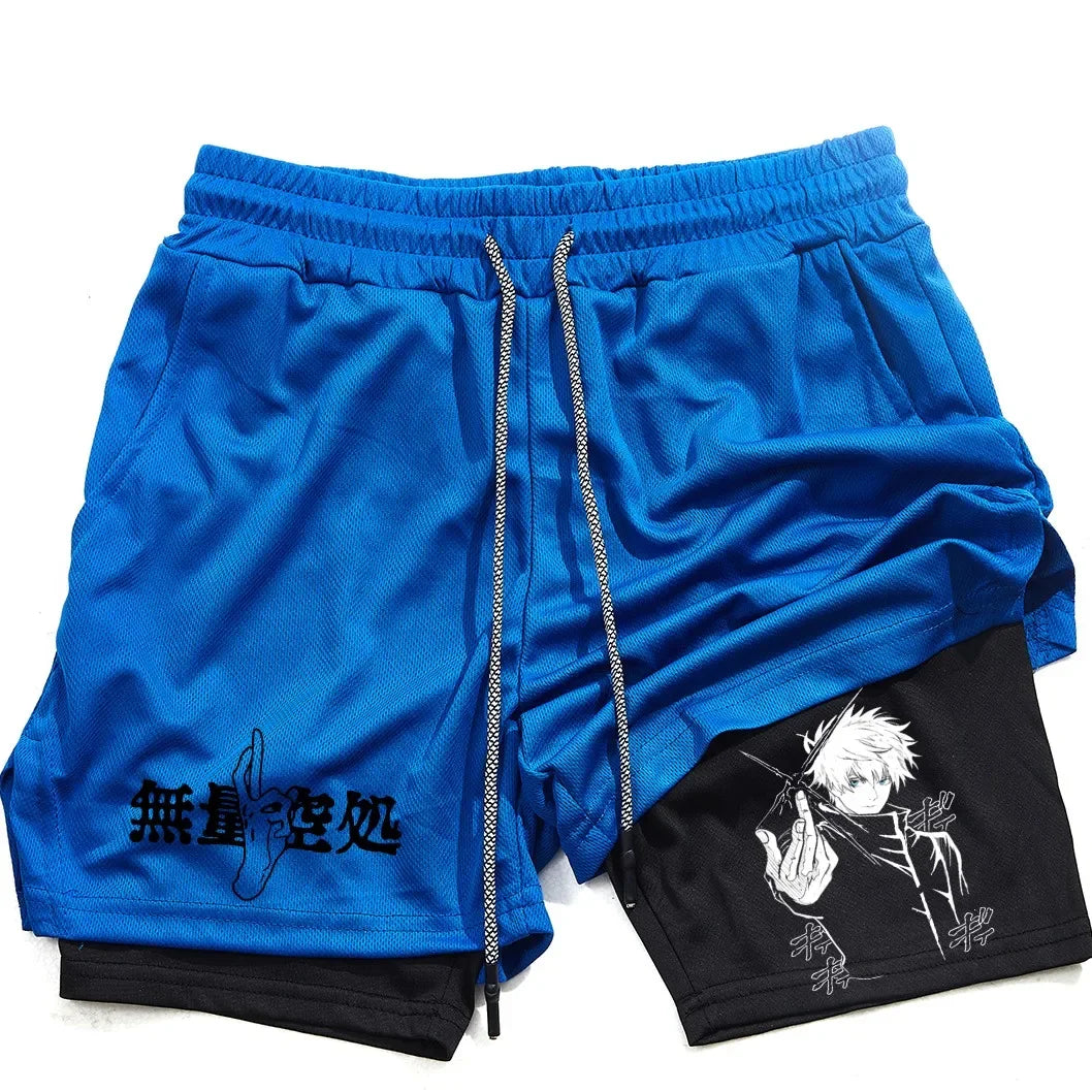 Pantalones cortos de compresión de Anime para hombre, ropa deportiva de verano, 2 en 1, entrenamiento, Fitness