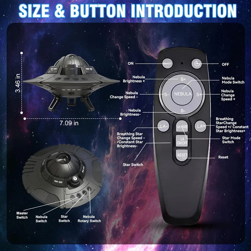 Proyector de galaxia con luz nocturna y cielo estrellado.