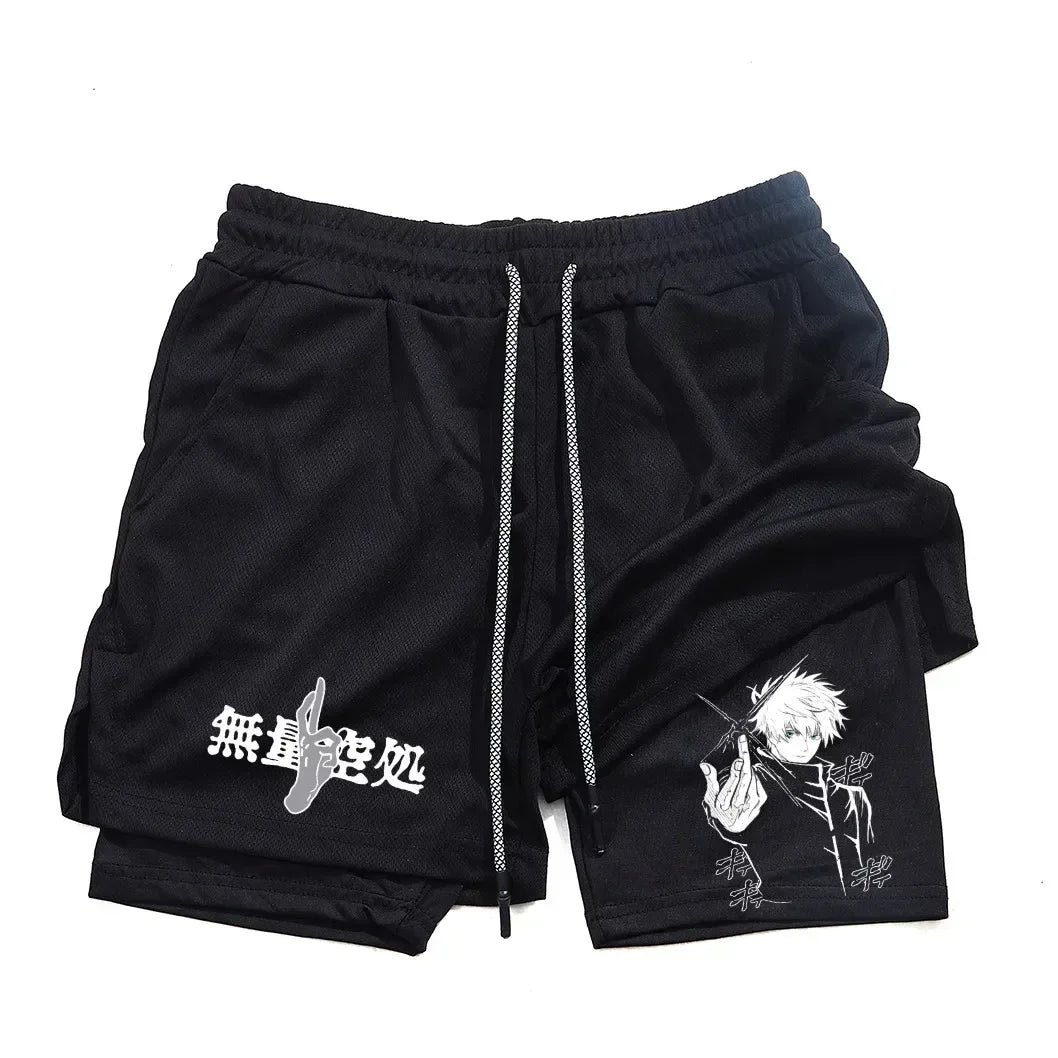 Pantalones cortos de compresión de Anime para hombre, ropa deportiva de verano, 2 en 1, entrenamiento, Fitness