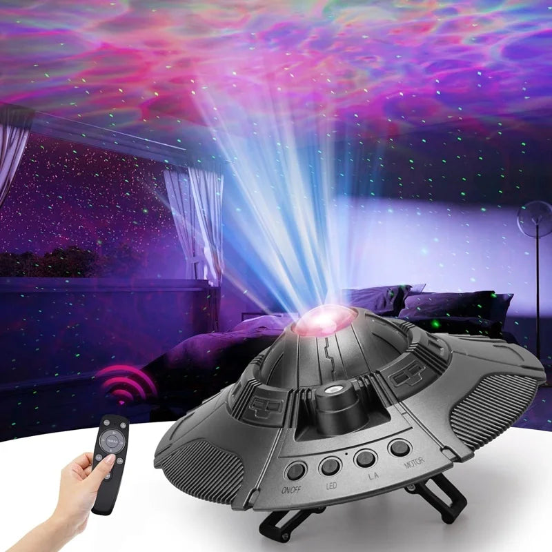 Proyector de galaxia con luz nocturna y cielo estrellado.