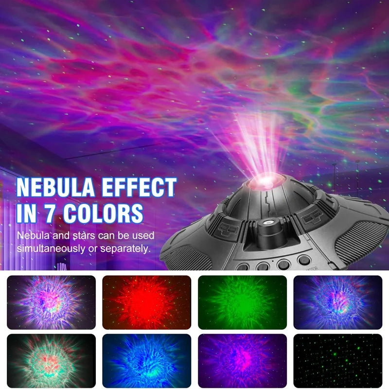 Proyector de galaxia con luz nocturna y cielo estrellado.